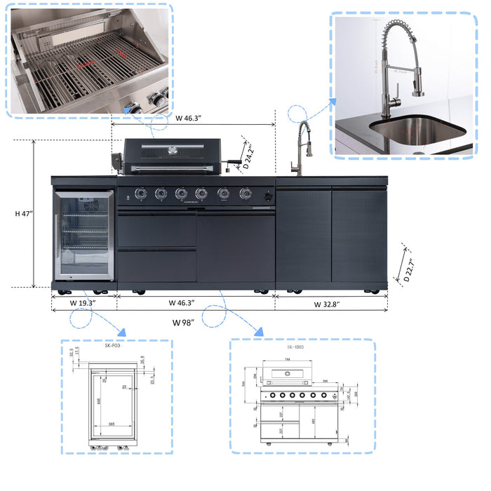 98" 4-Burner 72,000 BTU Stainless Outdoor Kitchen Island Grill with Wine Cooler & Sink