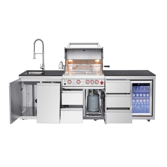 102.4", 4-Burner, 59,500 BTU Silver Outdoor Kitchen Island Grill  with Sink & Refrigerator