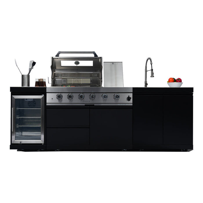 Stainless 98" 4-Burner 72,000 BTU Black Outdoor Kitchen Island Grill + Refrigerator + Rotisserie + Storage Cabinets & Drawers