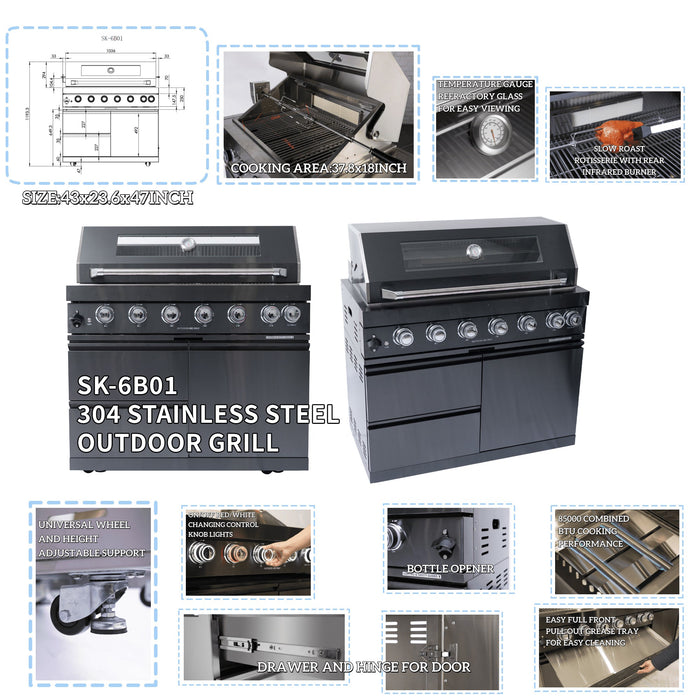 NG 85" 6-Burner 85,000 BTU Black Outdoor Kitchen Island Grill Refrigerator + Rotisserie Kit + Sink