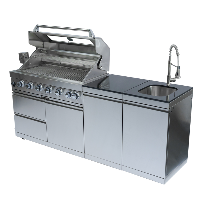82" 6-Burner 85000 BTU Silver Outdoor Kitchen Island Grill + Storage Cabinets & Drawers & Sink/Faucet