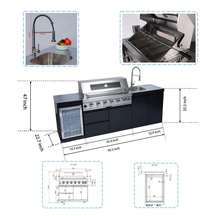 Stainless 96" 6-Burner 85000 BTU Black Outdoor Kitchen Island Grill + Refrigerator + Sink + Rotisserie