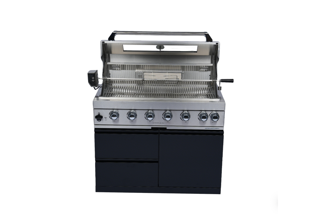 Stainless 82" 6-Burner 85000 BTU Black Outdoor Kitchen Island Grill + Refrigerator + Sink
