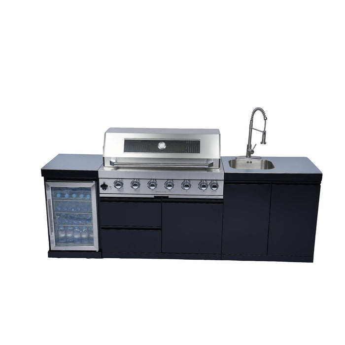 Stainless 96" 6-Burner 85000 BTU Black Outdoor Kitchen Island Grill + Refrigerator + Sink + Rotisserie
