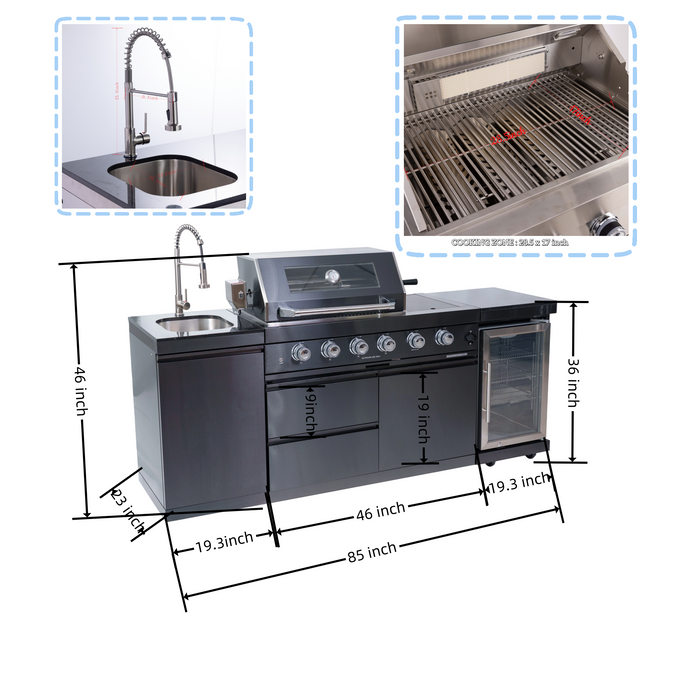 85" 4-Burner 72,000 BTU Stainless Outdoor Kitchen Island Grill with Wine Cooler & Sink Black