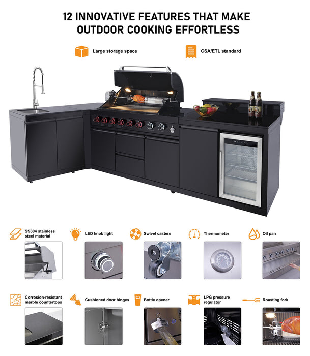 114" 6-Burner 83,500 BTU Propane Outdoor Kitchen Island Grill with Sink & Refrigerator
