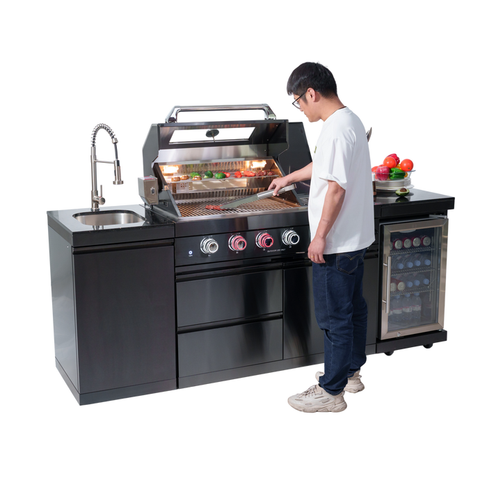 85" 4-Burner 72,000 BTU Stainless Outdoor Kitchen Island Grill with Wine Cooler & Sink Black