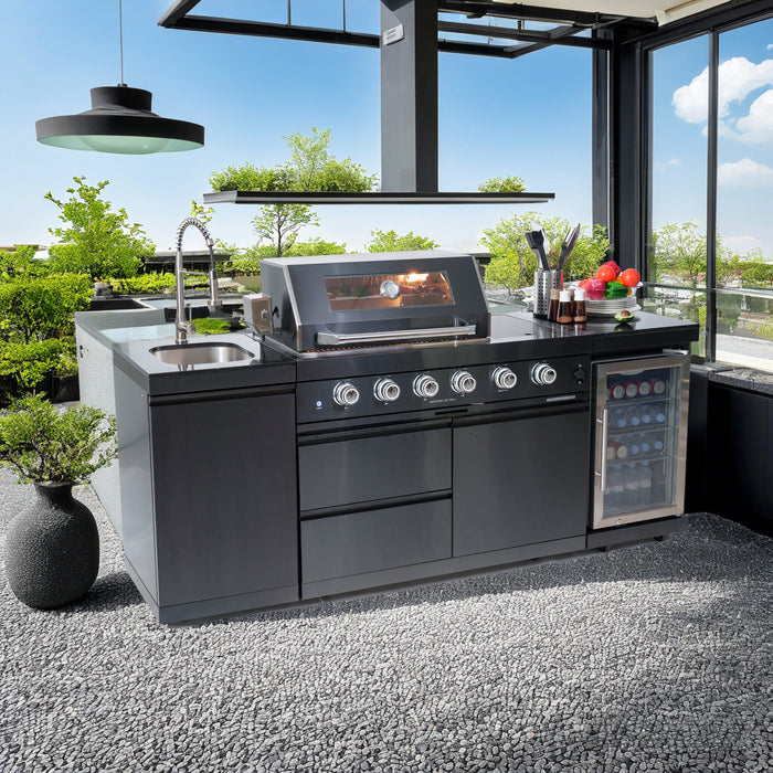 85" 4-Burner 72,000 BTU Stainless Outdoor Kitchen Island Grill with Wine Cooler & Sink Black
