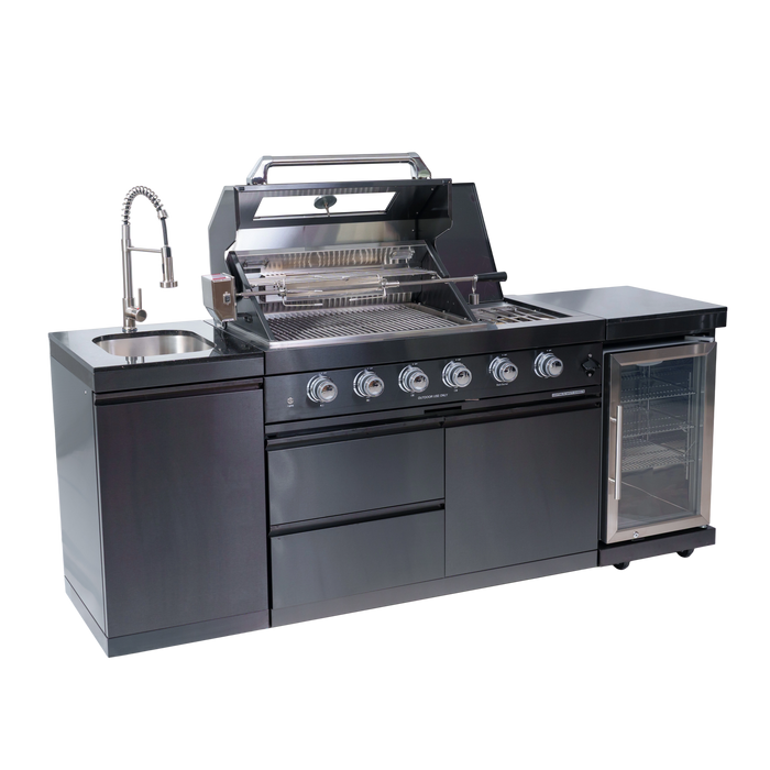 NG 85" 4-Burner 72,000 BTU Black Outdoor Kitchen Island Grill + Refrigerator + Sink