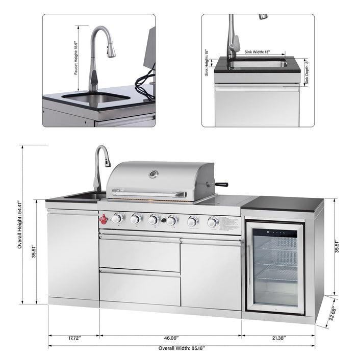85.2" 4+1 Burner 71500 BTU Silver Outdoor Kitchen Island Grill + Sink + Refrigerator