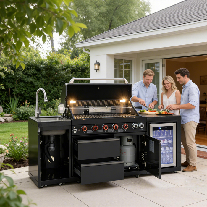 82.5" 6-Burner 83,500 BTU Black Outdoor Kitchen Island Grill Sink + Refrigerator
