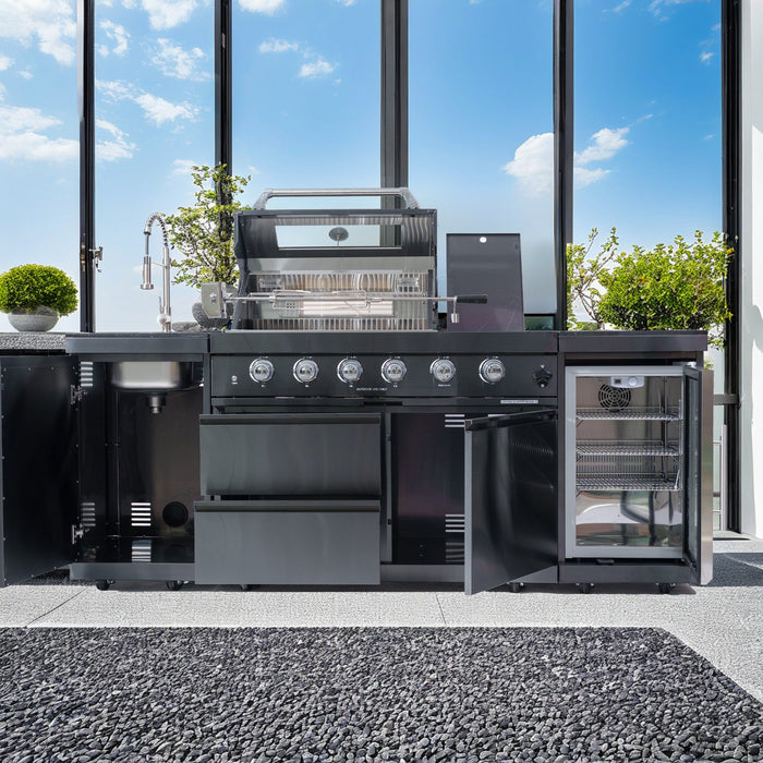 85" 4-Burner 72,000 BTU Stainless Outdoor Kitchen Island Grill with Wine Cooler & Sink Black