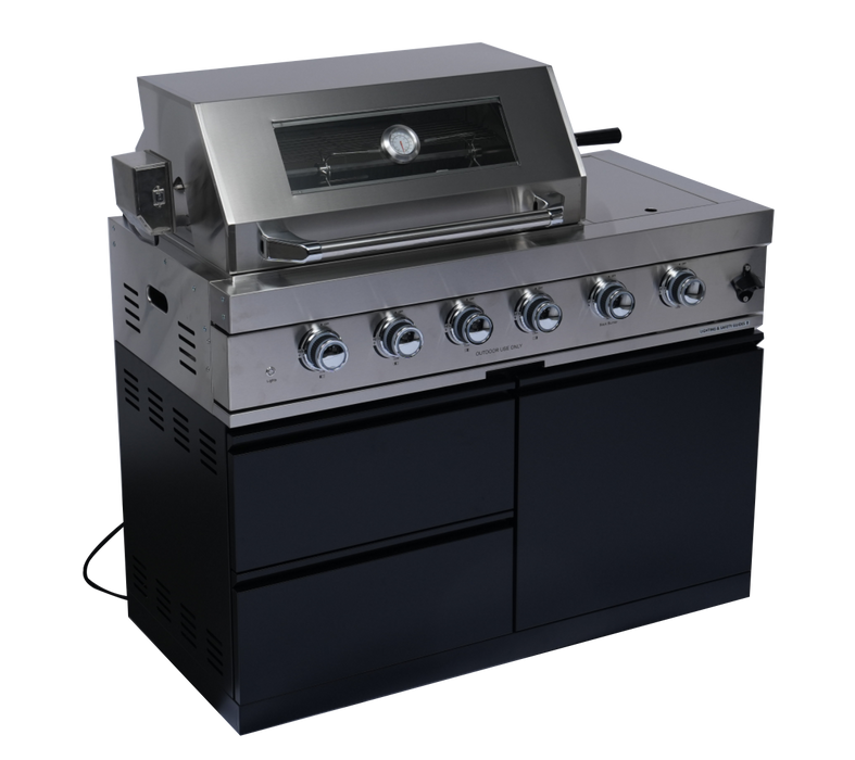 Stainless 98" 4-Burner 72,000 BTU Black Outdoor Kitchen Island Grill + Refrigerator + Rotisserie + Storage Cabinets & Drawers