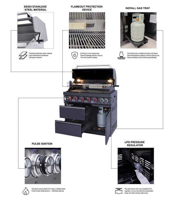 102.4", 4-Burner, 59,500 BTU Black Outdoor Kitchen Island Grill with Sink & Refrigerator