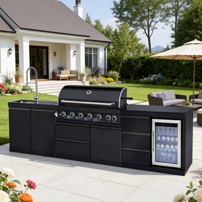114" 6-Burner 83,500 BTU Propane Outdoor Kitchen Island Grill with Sink & Refrigerator