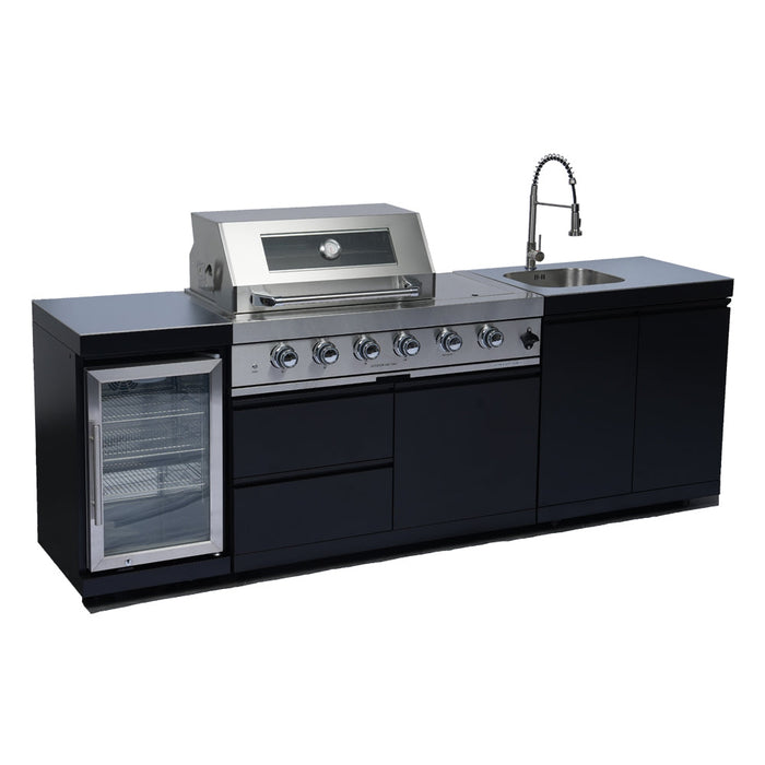 Stainless 98" 4-Burner 72,000 BTU Black Outdoor Kitchen Island Grill + Refrigerator + Rotisserie + Storage Cabinets & Drawers