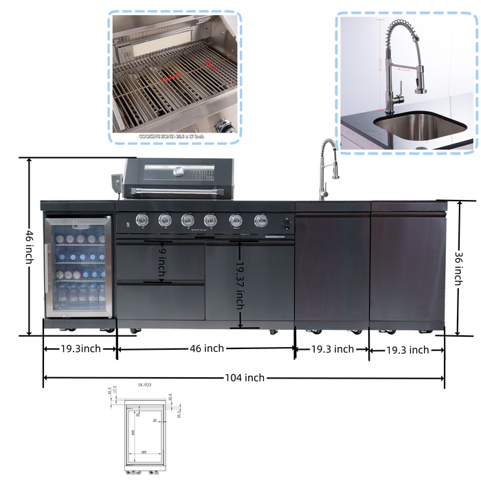 NG 104" 4-Burner 72,000 BTU Black Outdoor Kitchen Island Grill + Rotisserie Kit