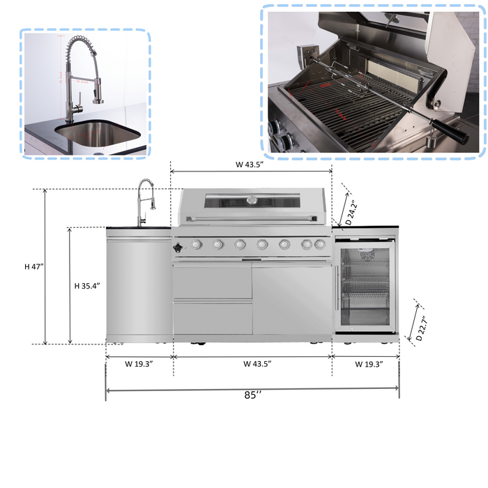 82" 6-Burner 85,000 BTU Stainless Outdoor Kitchen Island Grill with Wine Cooler, Granite Countertops & Storage Cabinets