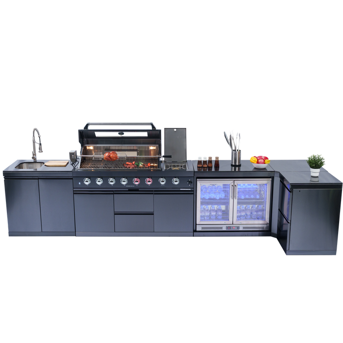 153+44" 6-Burner 96000 BTU Black Outdoor Kitchen  Island Grill with Wine Cooler & Drawers