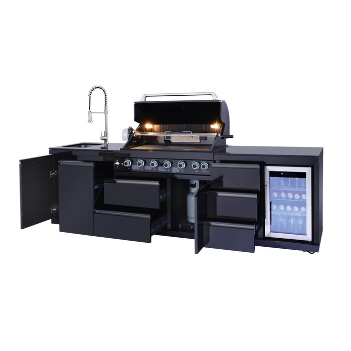 114" 6-Burner 83,500 BTU Propane Outdoor Kitchen Island Grill with Sink & Refrigerator