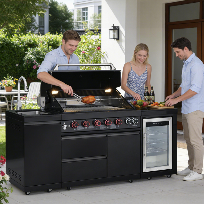 82.5" 6-Burner 83,500 BTU Black Outdoor Kitchen Island Grill Sink + Refrigerator