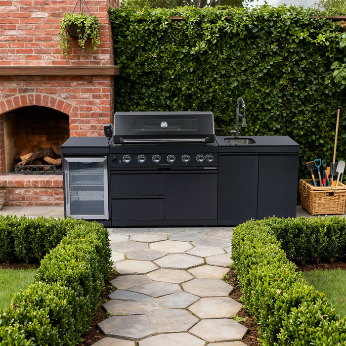 96" 6-Burner 85000 BTU Deluxe Stainless Steel Gas Outdoor Kitchen Island Grill with Wine Cooler & Sink