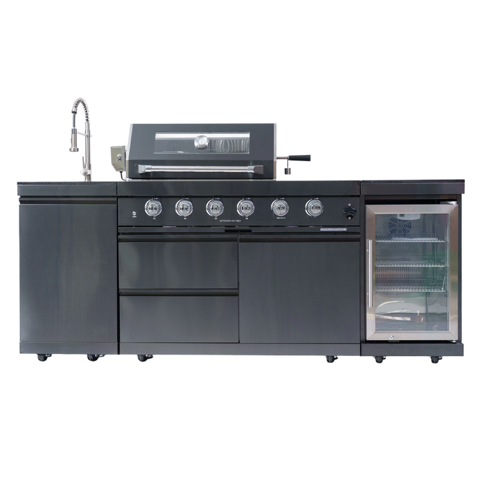 NG 85" 4-Burner 72,000 BTU Black Outdoor Kitchen Island Grill + Refrigerator + Sink