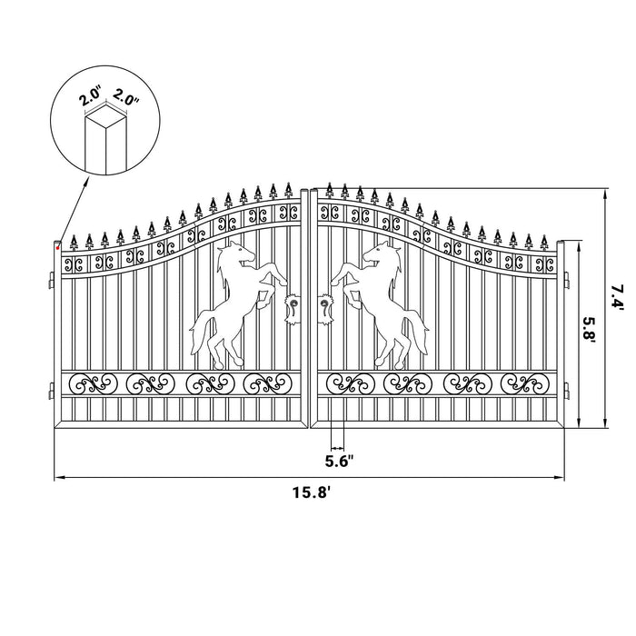 16x7 ft Steel Dual Swing Driveway Gate with Horse Pattern