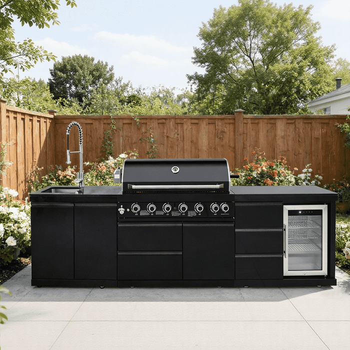 114" 6-Burner 83,500 BTU Propane Outdoor Kitchen Island Grill with Sink & Refrigerator