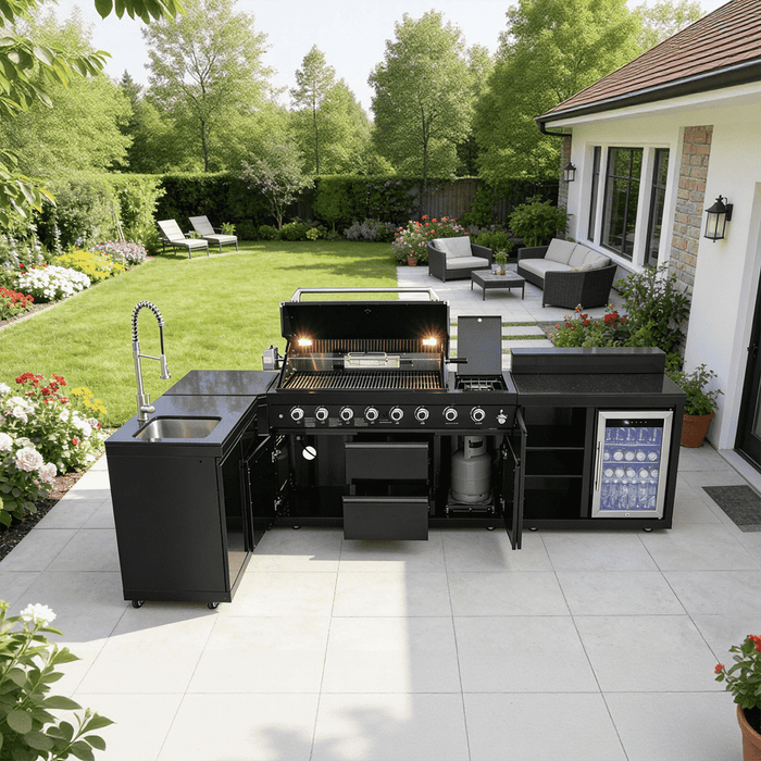 95.8", 95,500 BTU, 6+1 Burner Black Outdoor Kitchen Island Grill with Sink, Refrigerator & Bar Table