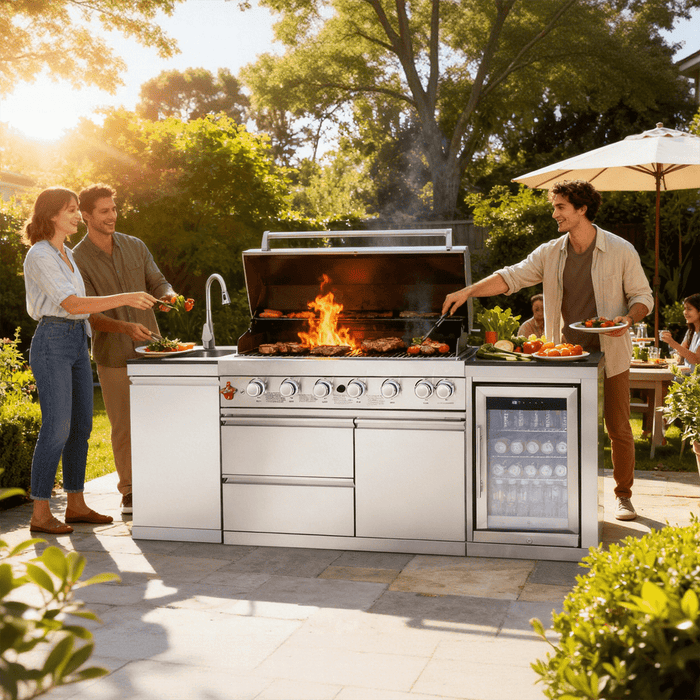 82.5" 6-Burner 83,500 BTU Silver Outdoor Kitchen Island Grill +Sink + Refrigerator
