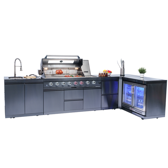 153+44" 6-Burner 96000 BTU Black Outdoor Kitchen  Island Grill with Wine Cooler & Drawers