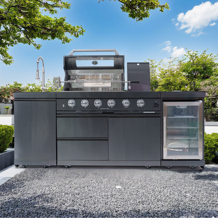 NG 85" 4-Burner 72,000 BTU Black Outdoor Kitchen Island Grill + Refrigerator + Sink