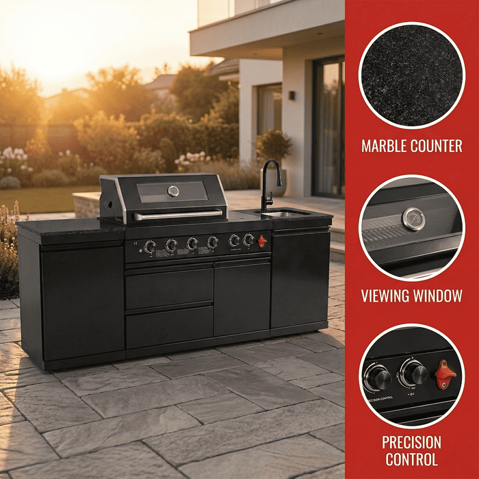 85" 4-Burner 85,000 BTU Black Outdoor Kitchen Island Grill + Storage Cabinets + Sink