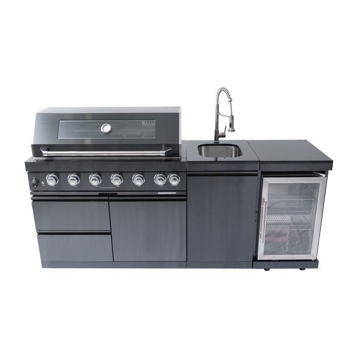NG 85" 6-Burner 85,000 BTU Black Outdoor Kitchen Island Grill Refrigerator + Rotisserie Kit + Sink