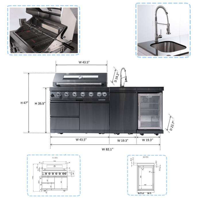 NG 85" 6-Burner 85,000 BTU Black Outdoor Kitchen Island Grill Refrigerator + Rotisserie Kit + Sink