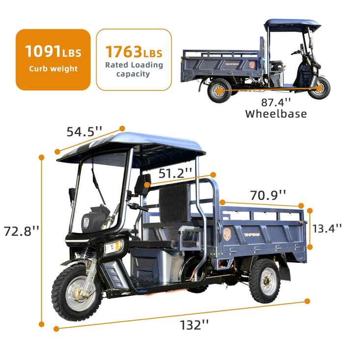 Jinpeng 1500W Electric Cargo Tricycle Truck with Canopy