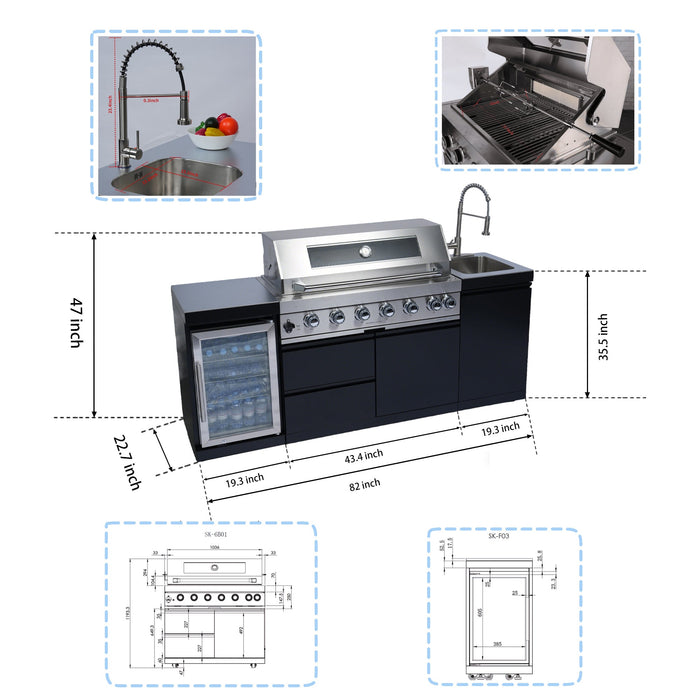 Stainless 82" 6-Burner 85000 BTU Black Outdoor Kitchen Island Grill + Refrigerator + Sink