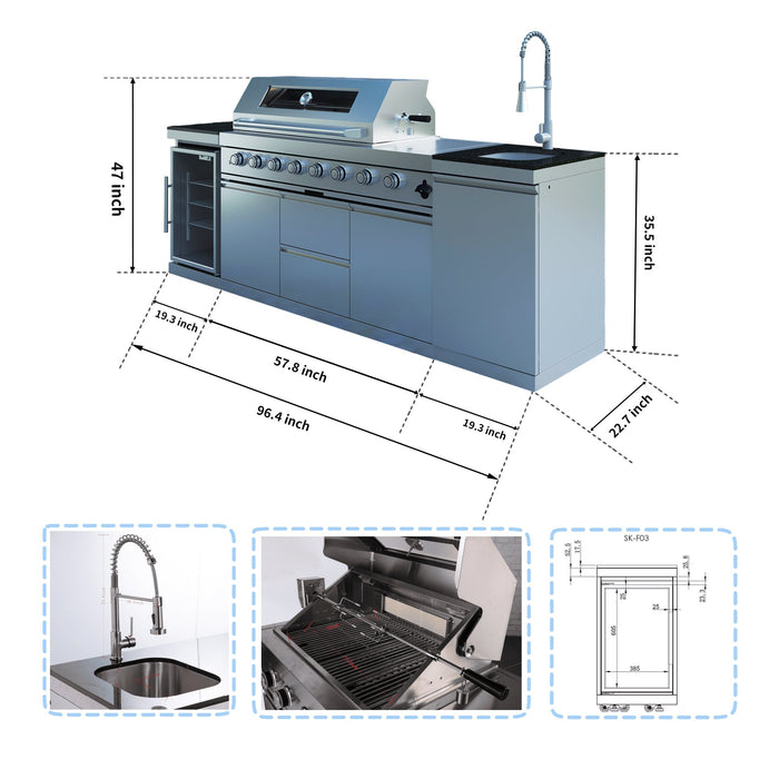 96" 6-Burner 96,000 BTU Silver Outdoor Kitchen Island Grill with Wine Cooler & Sink