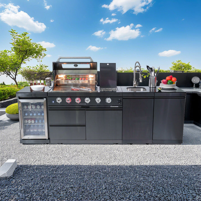 NG 104" 4-Burner 72,000 BTU Black Outdoor Kitchen Island Grill + Rotisserie Kit