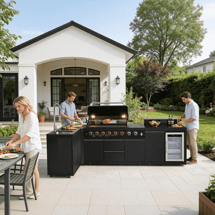 95.8", 95,500 BTU, 6+1 Burner Black Outdoor Kitchen Island Grill with Sink, Refrigerator & Bar Table