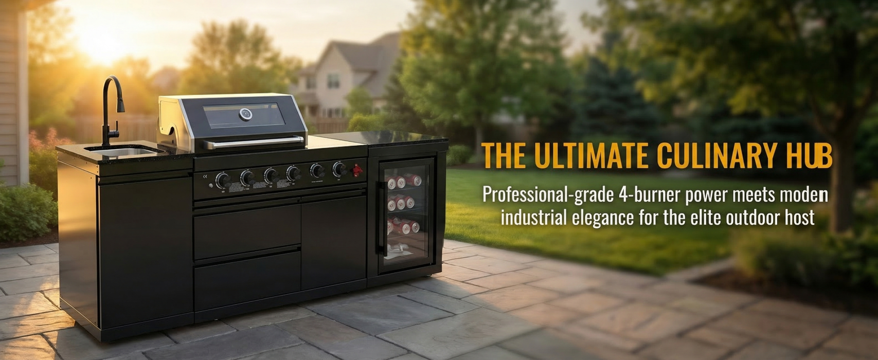 85" 4-Burner 85000 BTU Black Outdoor Kitchen Island Grill with Compact Refrigerator Marble Countertops Sink
