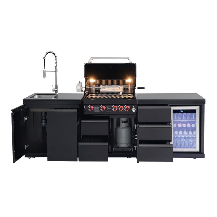 102.4", 4-Burner, 59,500 BTU Black Outdoor Kitchen Island Grill with Sink & Refrigerator