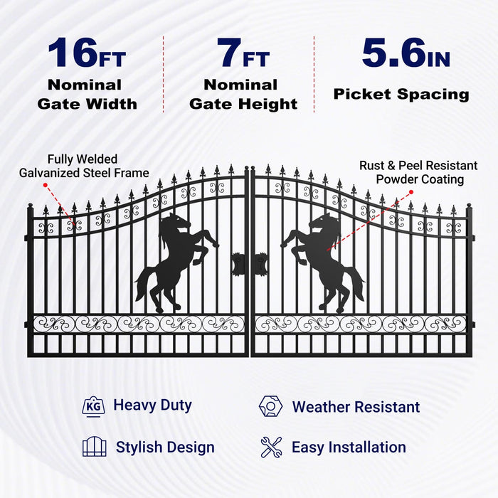 16x7 ft Steel Dual Swing Driveway Gate with Horse Pattern