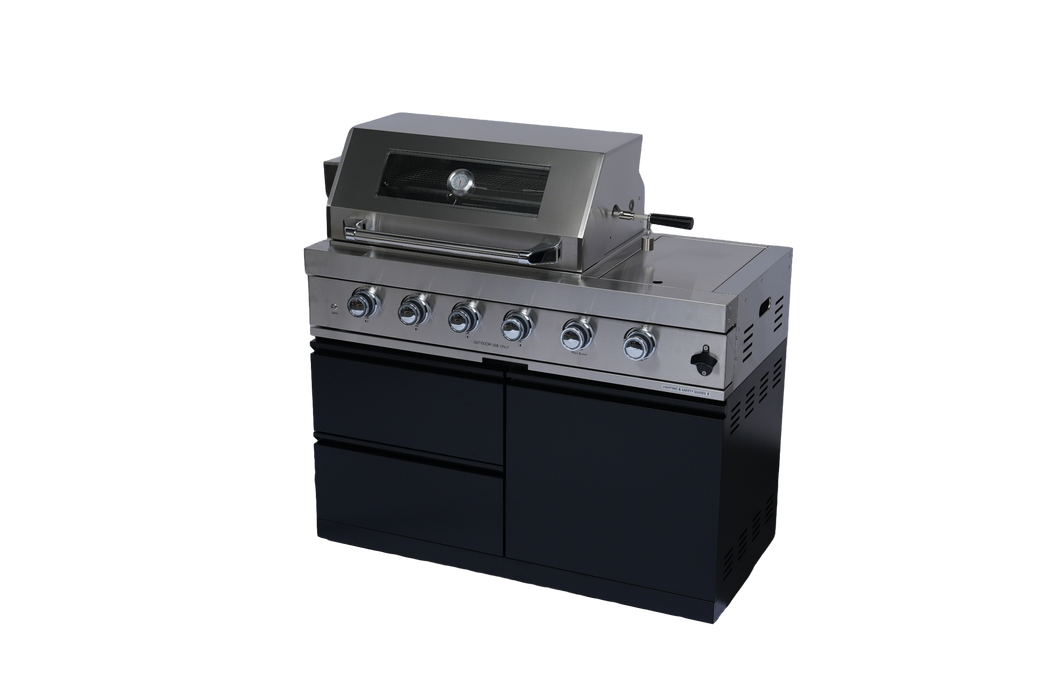 Stainless 98" 4-Burner 72,000 BTU Black Outdoor Kitchen Island Grill + Refrigerator + Rotisserie + Storage Cabinets & Drawers