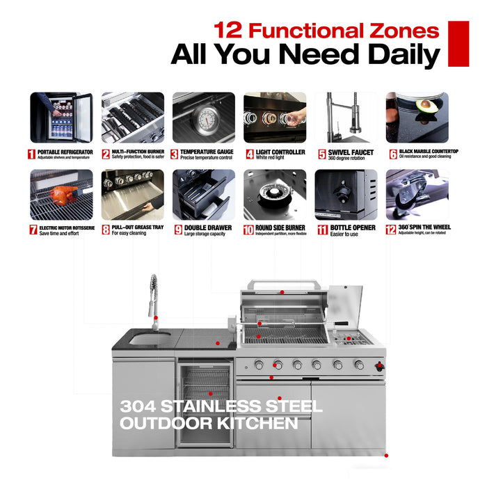 85" 4-Burner 72,000 BTU Stainless Outdoor Kitchen Island Grill with Wine Cooler & Sink Silver