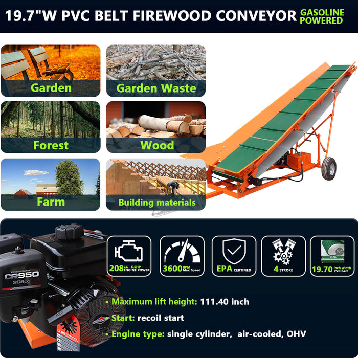 Chery Industrial 6.5HP Firewood Conveyor Max. 9.3ft Lift Height with B&S Engine and 19.7" PVC Belt
