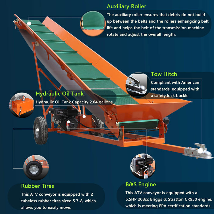 Chery Industrial 6.5HP Firewood Conveyor Max. 9.3ft Lift Height with B&S Engine and 19.7" PVC Belt