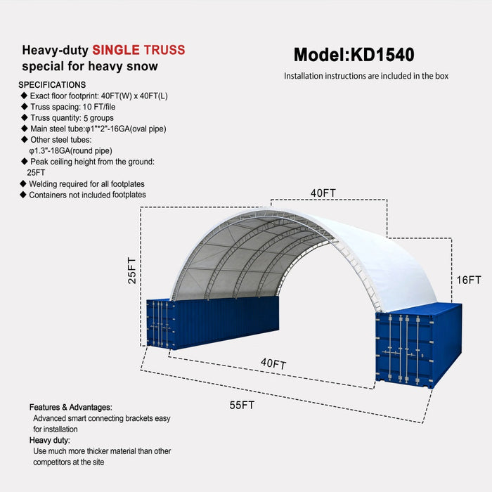 40'x40'x15' Double Truss Container Canopy Shelter