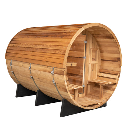 Redwood Outdoors beveled roof kit on 6ft barrel sauna